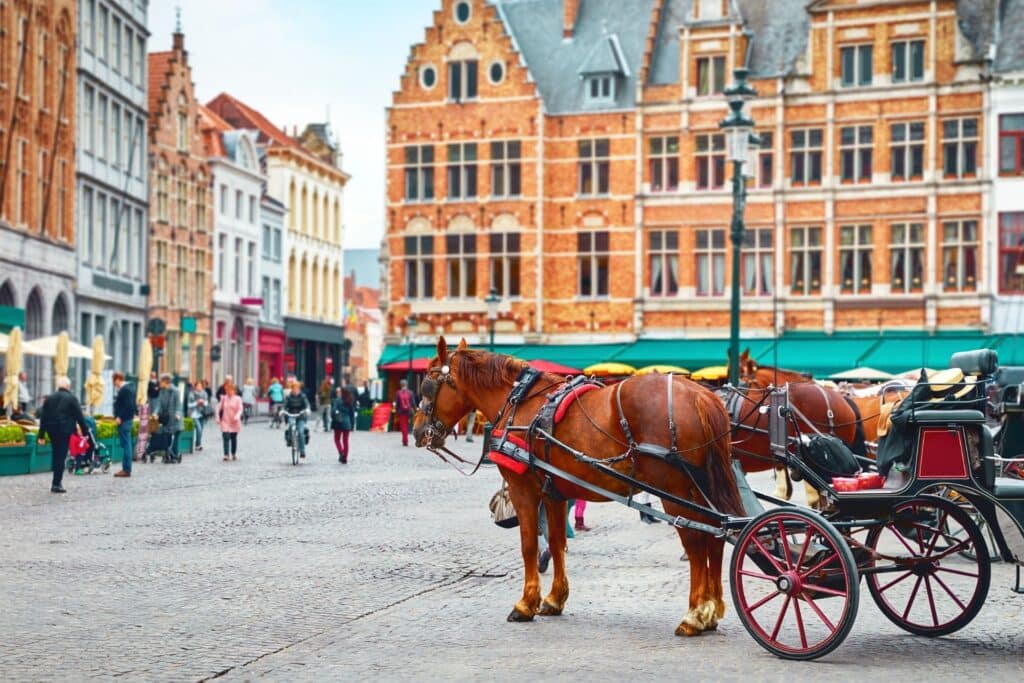 Chevaux sur la place du marché à Bruges